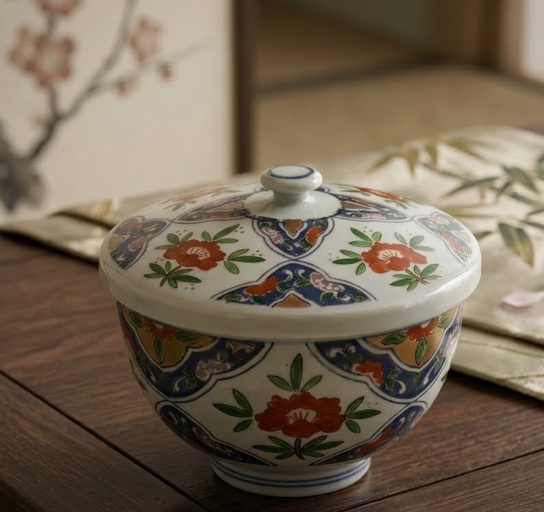 Chén /ly có nắp gốm sứ Nhật Bản họa tiết Ngũ Sắc (Akae / Imari style)