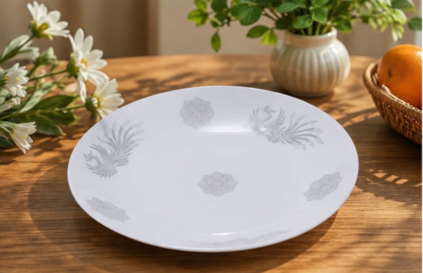Cặp đĩa to chim phượng hoàng & hoa văn cổ điển màu xám bạc trang nhã.
