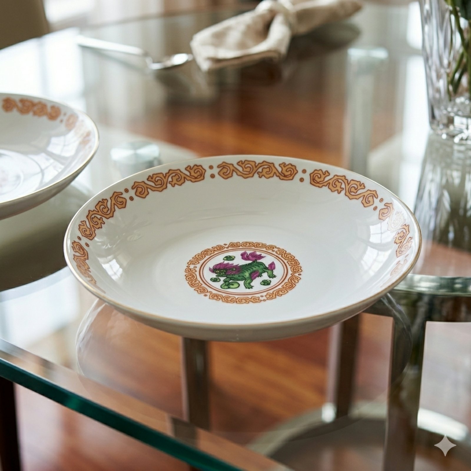Cặp đĩa sứ cổ MEITO CHINA Nhật Bản- Họa tiết kỳ lân ngũ sắc