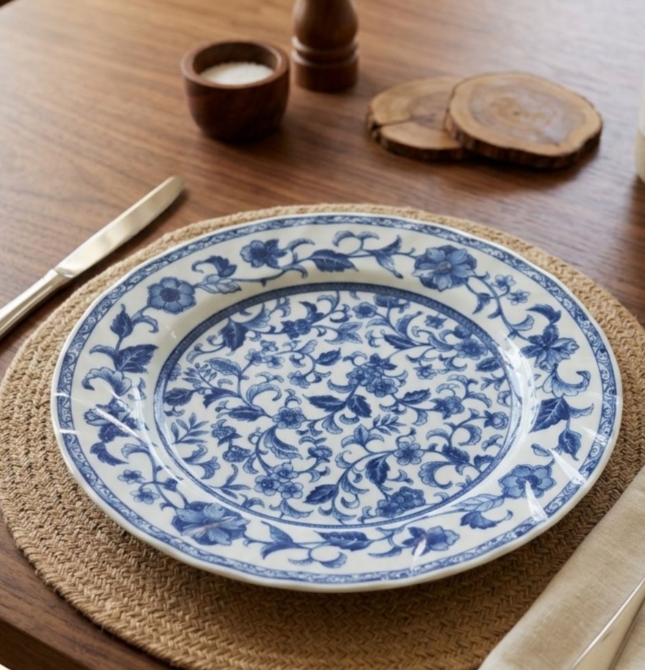 Đĩa sứ men lam hoa văn cổ điển TOTO