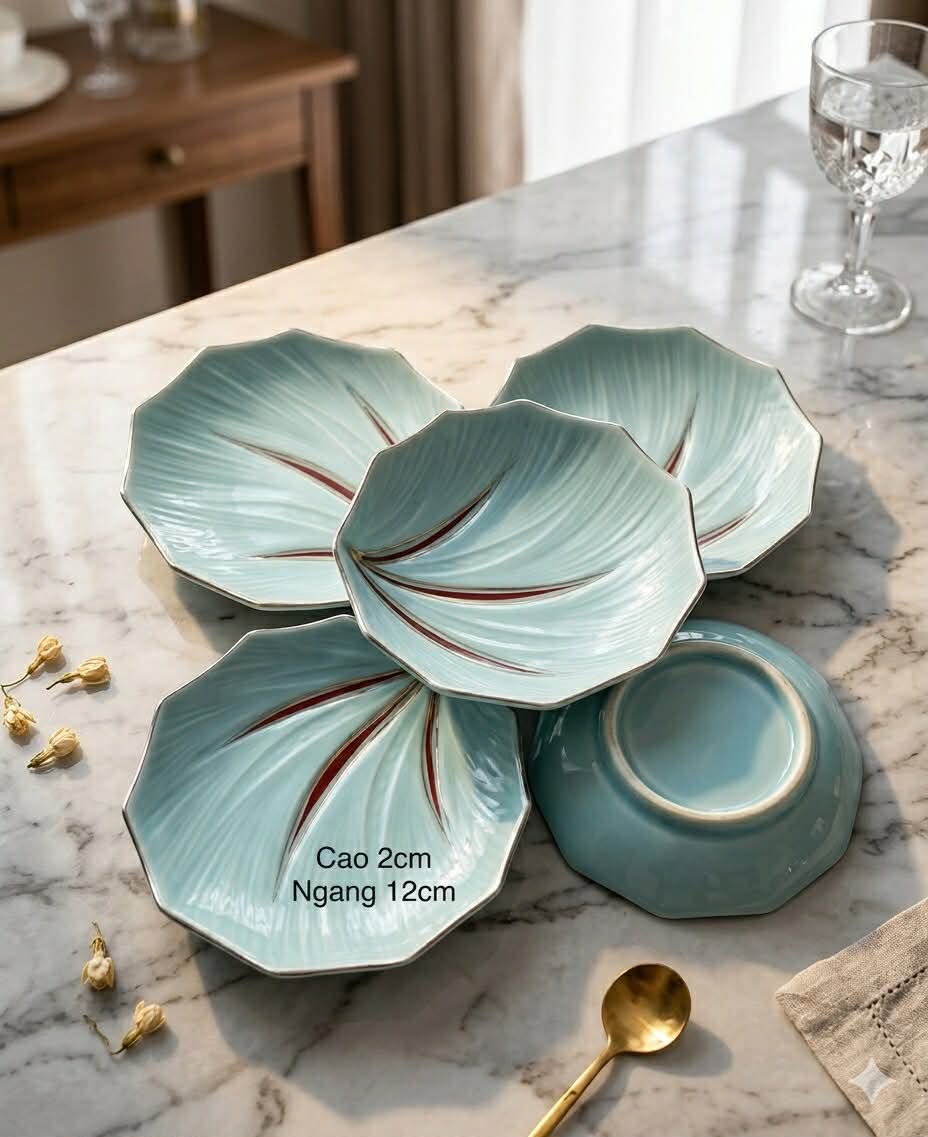 Dĩa Sứ Men Ngọc Xanh Hình Lá Sen