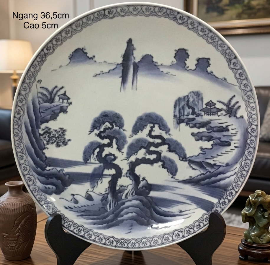 Đĩa Sứ Men Lam Vẽ Tay  Sơn Thủy Hữu Tình