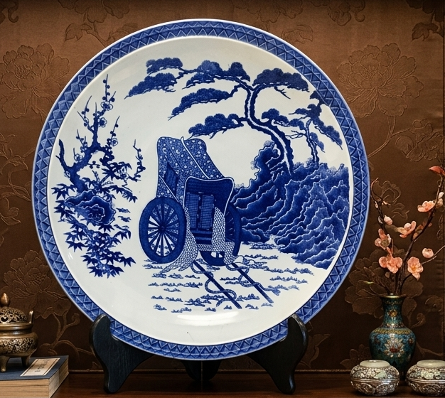 Dĩa Gốm Sứ Men Lam Xưa Cổ Xe Phú Quý